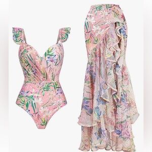 Pink floral one piece with matching coverup